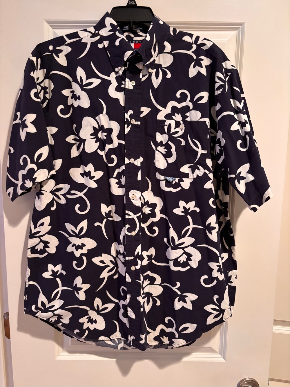 Tommy Hilfiger Floral Hawaiian Shirt Mens Large Blue White Button Front